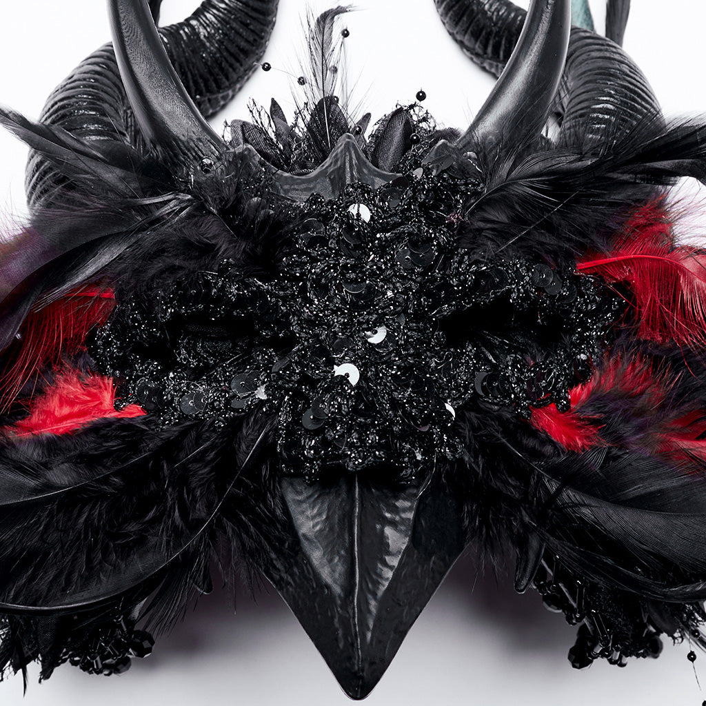 WS-729FSF Gothic Horned Feather Headpiece with Red and black Beads