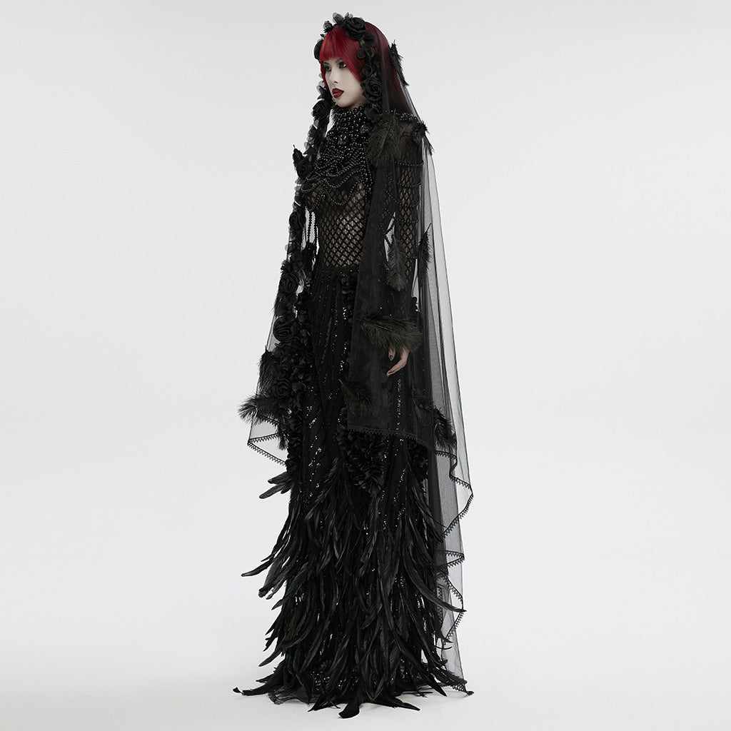 WS-731FSF Gothic Feathered Elegance Sheer Long Black Veil Dress?-??Punk Rave Clothing