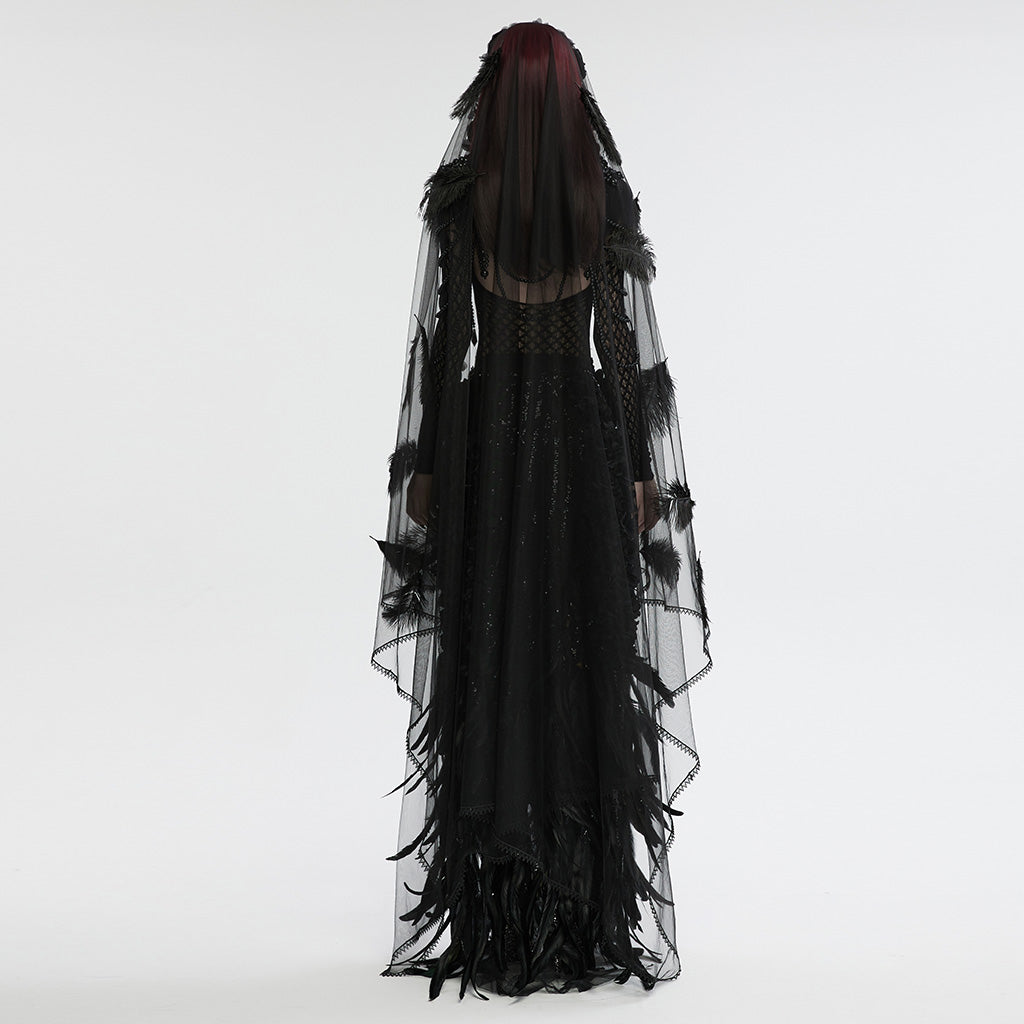WS-731FSF Gothic Feathered Elegance Sheer Long Black Veil Dress?-??Punk Rave Clothing