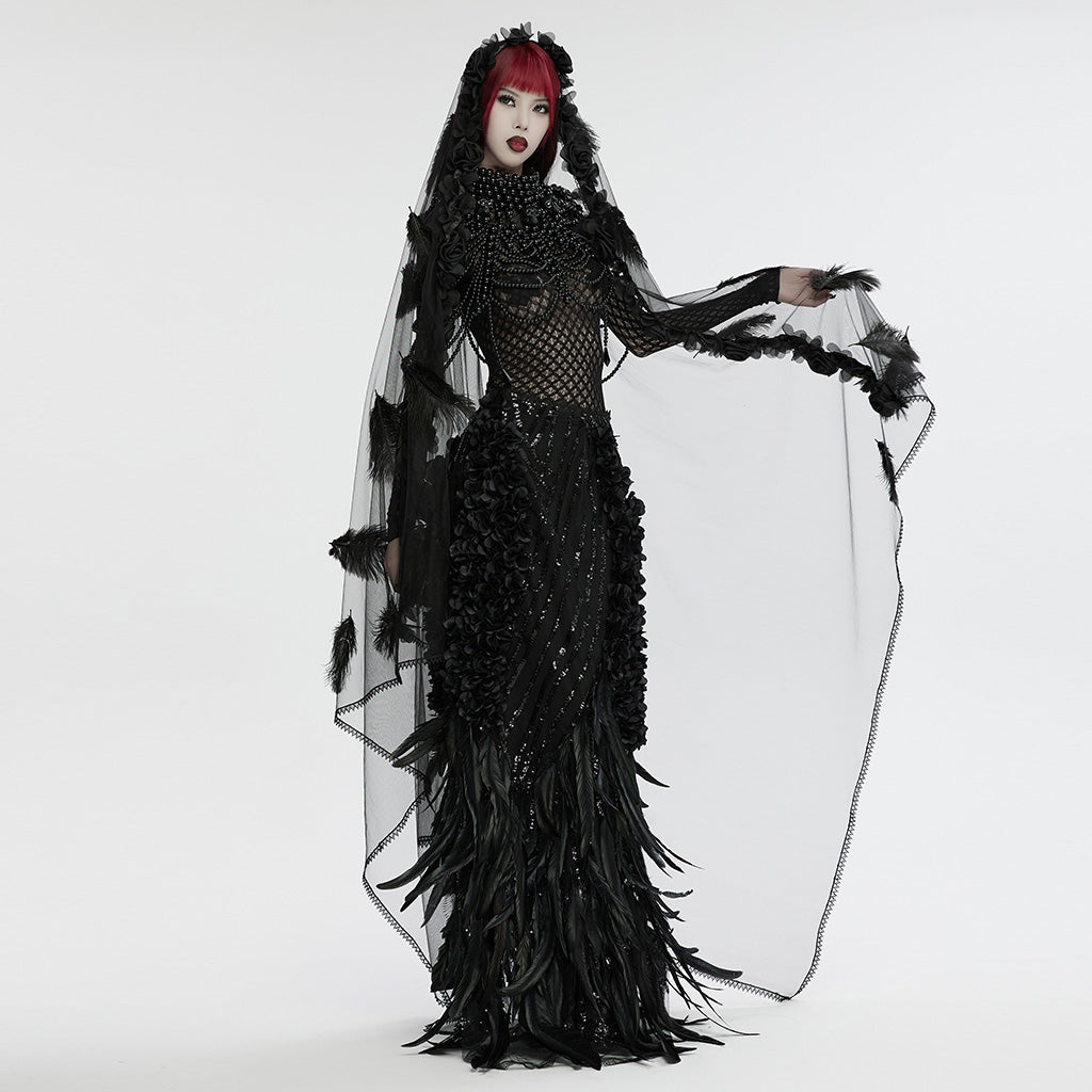 WS-731FSF Gothic Feathered Elegance Sheer Long Black Veil Dress?-??Punk Rave Clothing