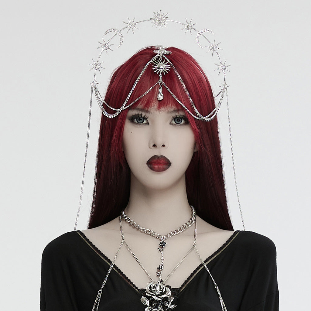WS-734FSF Celestial Gothic Star Moon Headpiece with Drape Chains?-??Punk Rave Clothing