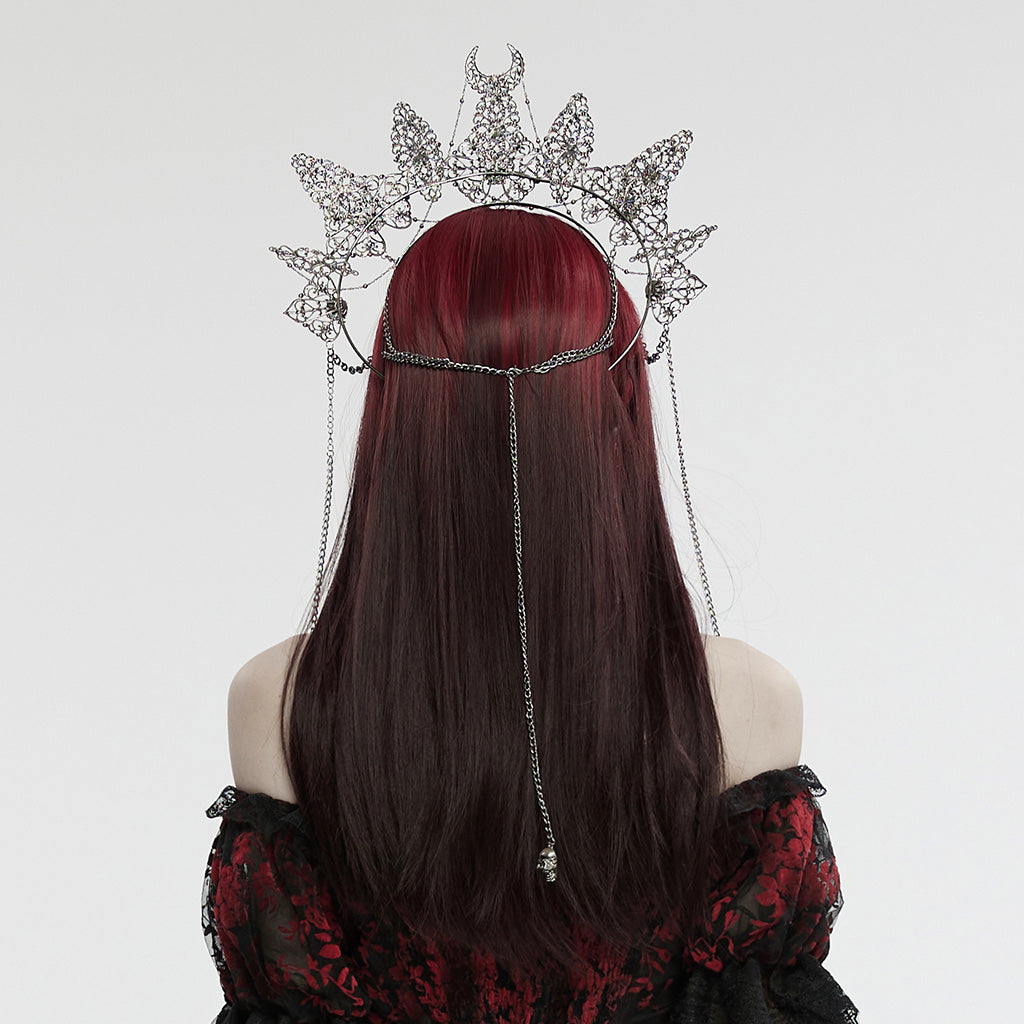 WS-737FSF Skull Chain Gothic Crown Headpiece Silver Crescent Moon Design?-??Punk Rave Clothing