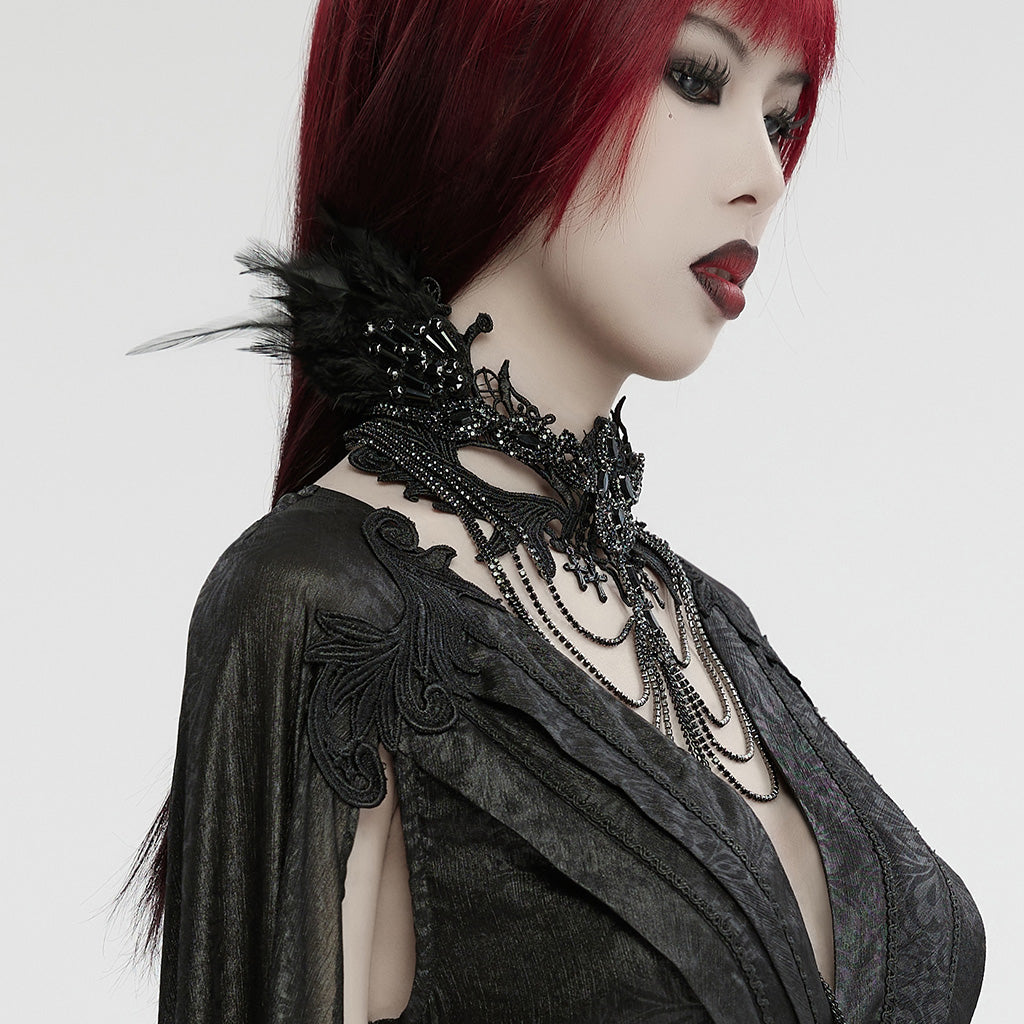 WS-738LHF Gothic Winged Cross Layered Necklace with Feather Details?-??Punk Rave Clothing