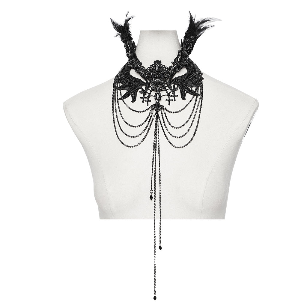 WS-738LHF Gothic Winged Cross Layered Necklace with Feather Details?-??Punk Rave Clothing