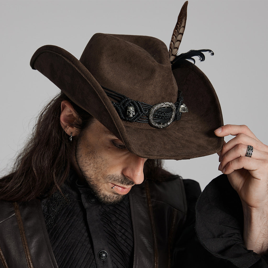 WS-746MZM Suede Cowboy Hat with Feathers Punk Accessories Edition?-??Punk Rave Clothing