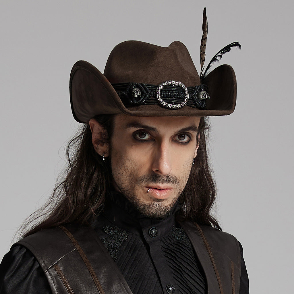 WS-746MZM Suede Cowboy Hat with Feathers Punk Accessories Edition?-??Punk Rave Clothing