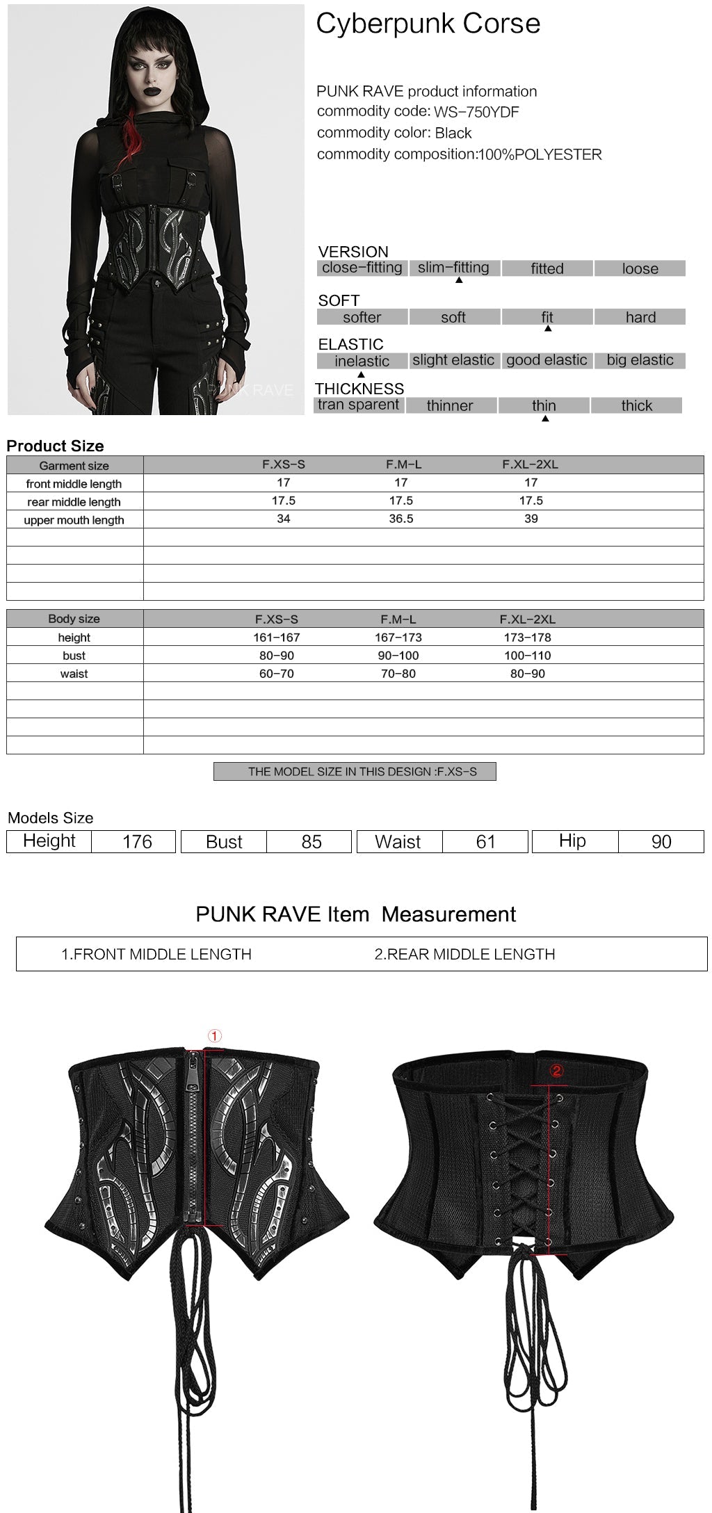 WS-750YDF Edgy Black Punk Corset Gothic Steel Boned Waist Cincher