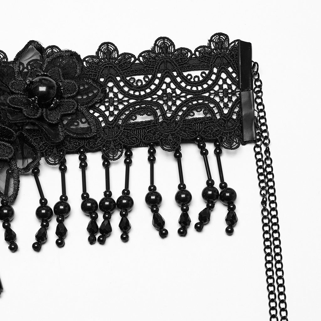 WS-773LHF Gothic Accessories Lace Choker Black Fringe Dramatic Necklace