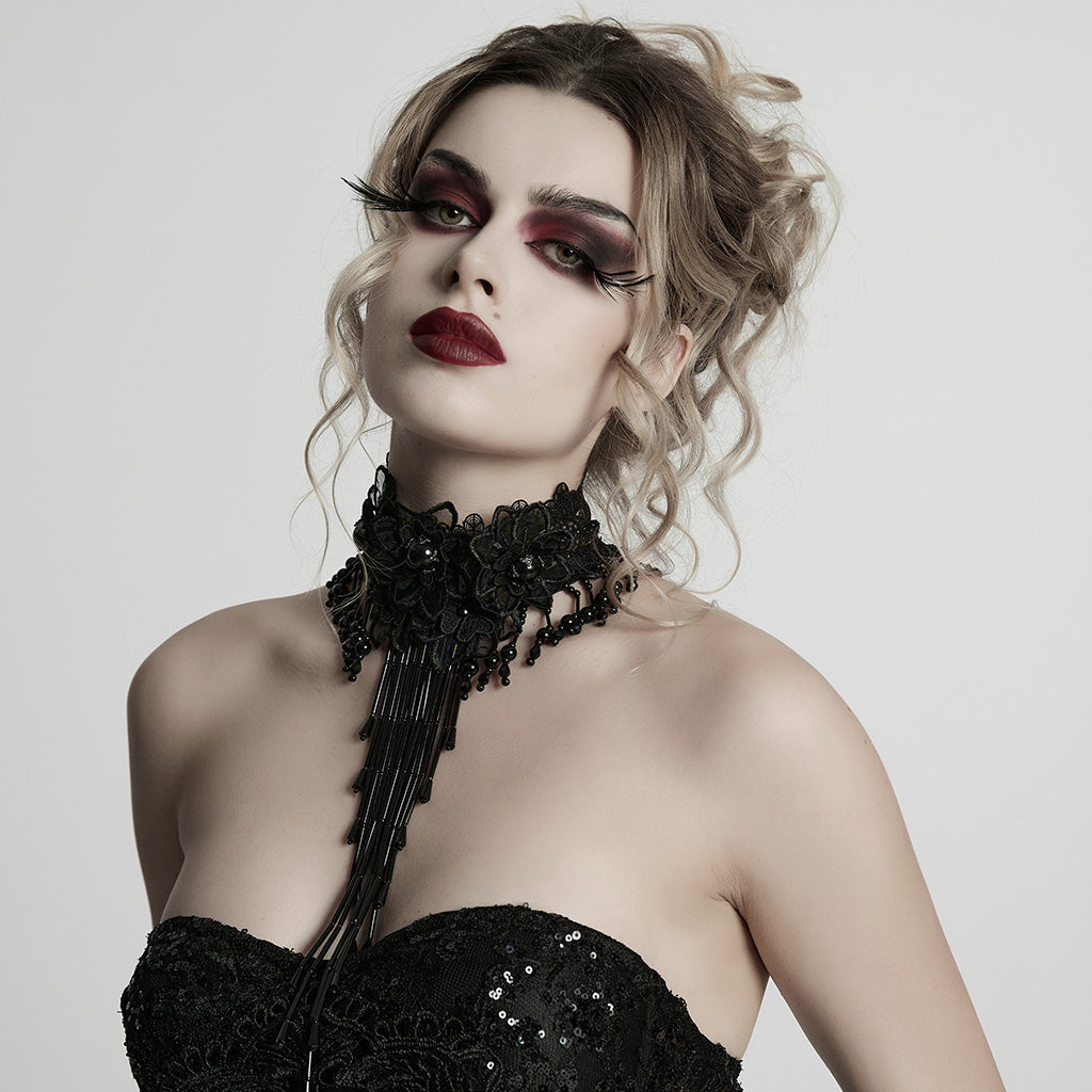 WS-773LHF Gothic Accessories Lace Choker Black Fringe Dramatic Necklace