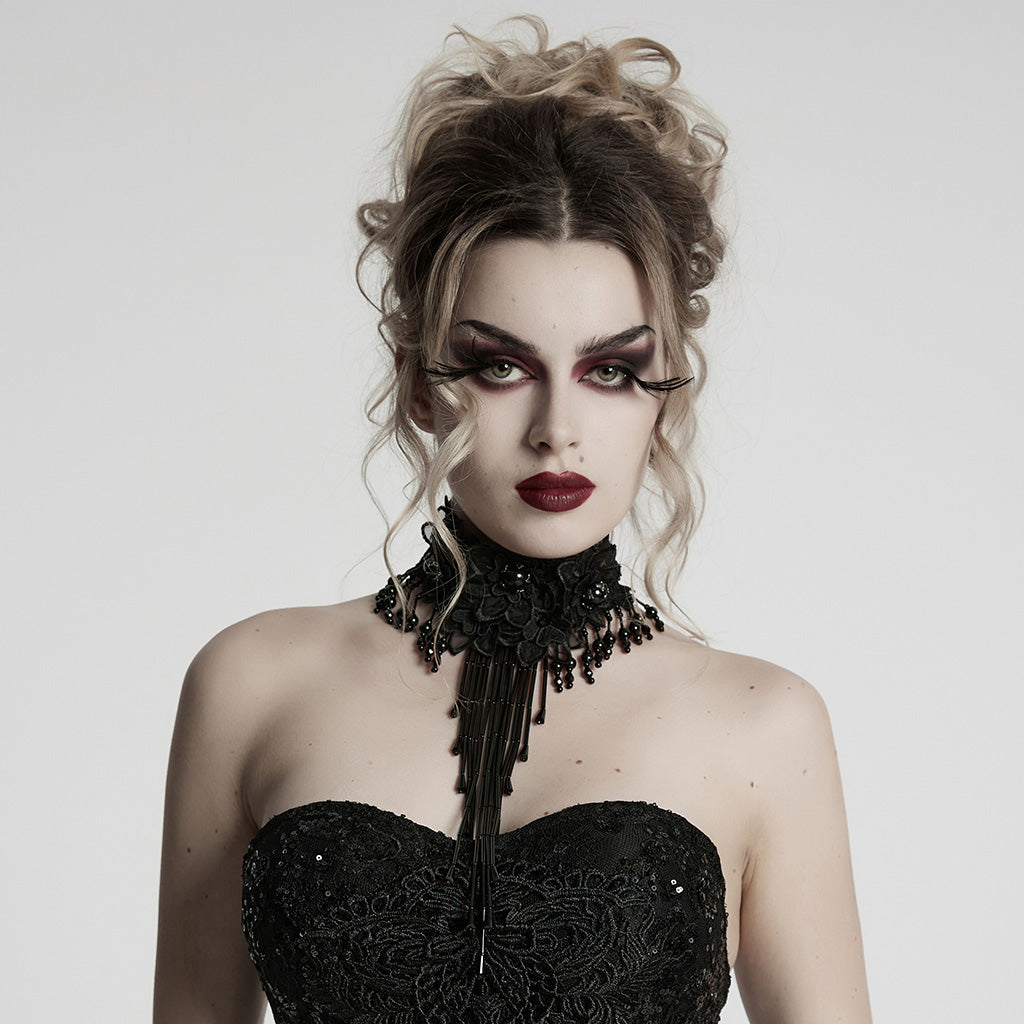 WS-773LHF Gothic Accessories Lace Choker Black Fringe Dramatic Necklace