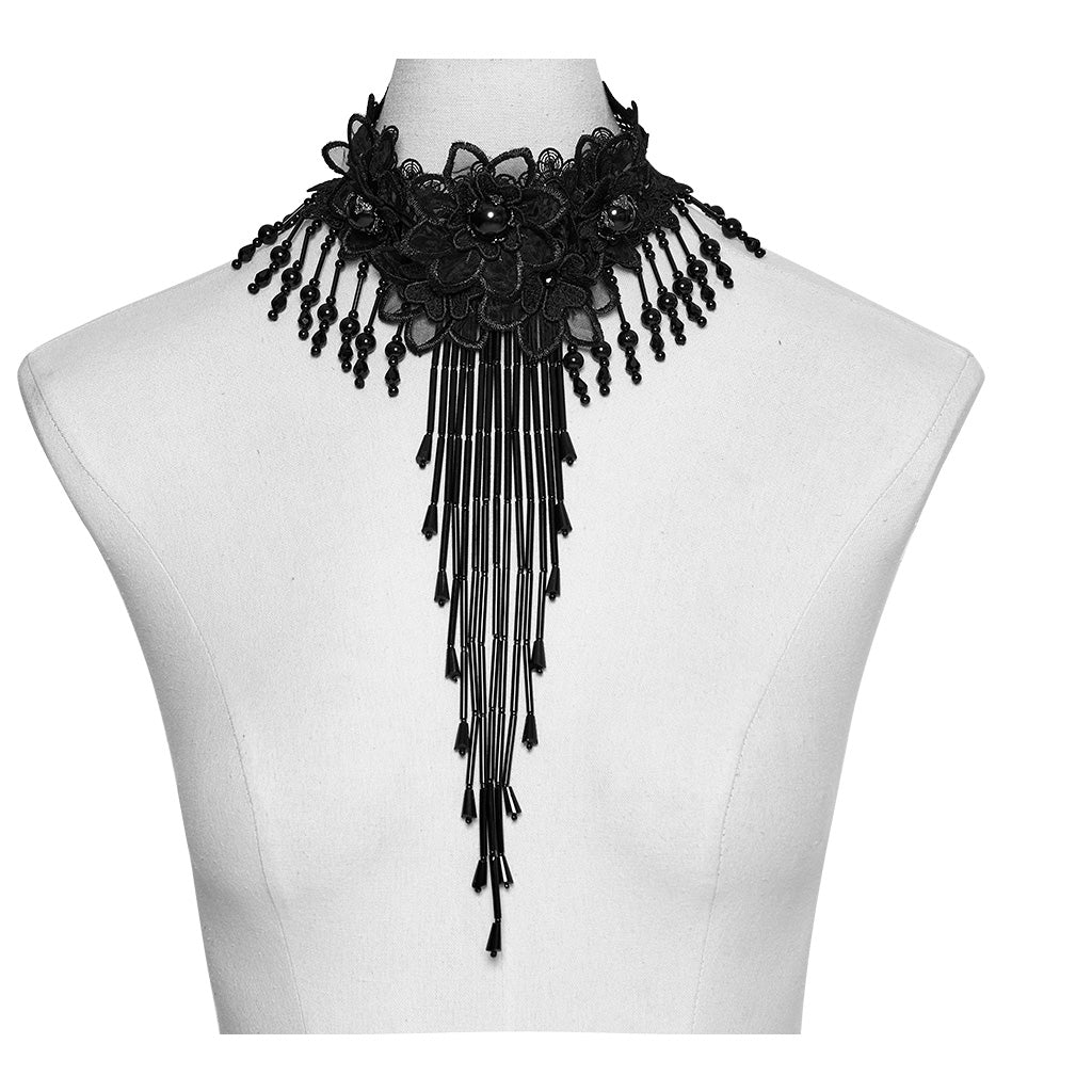 WS-773LHF Gothic Accessories Lace Choker Black Fringe Dramatic Necklace