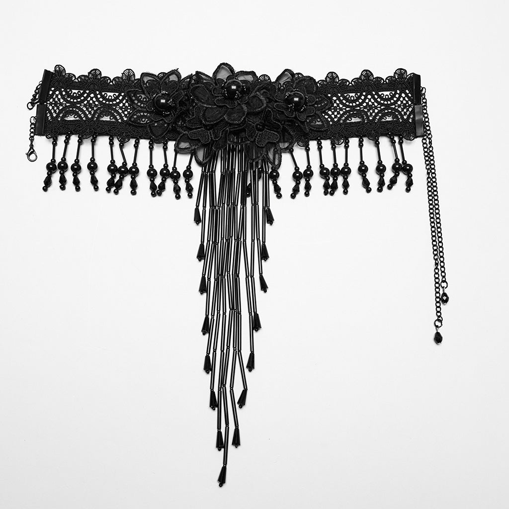 WS-773LHF Gothic Accessories Lace Choker Black Fringe Dramatic Necklace