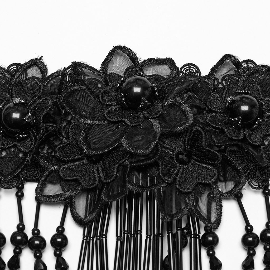 WS-773LHF Gothic Accessories Lace Choker Black Fringe Dramatic Necklace