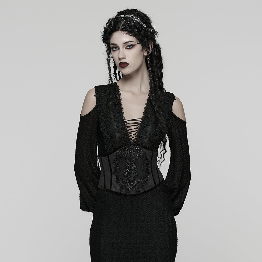 WS-776YDF Gothic Corset Lace Embroidered Velvet Maroon Waist Cincher Tie Back