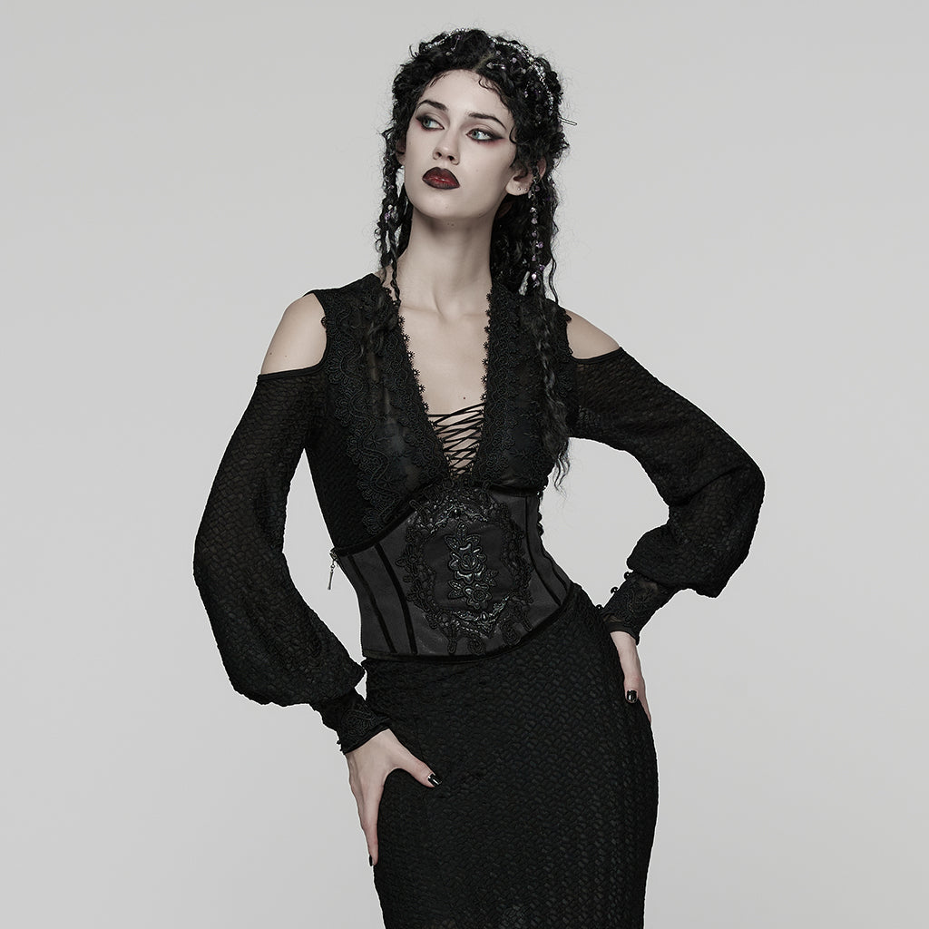 WS-776YDF Gothic Corset Lace Embroidered Velvet Maroon Waist Cincher Tie Back