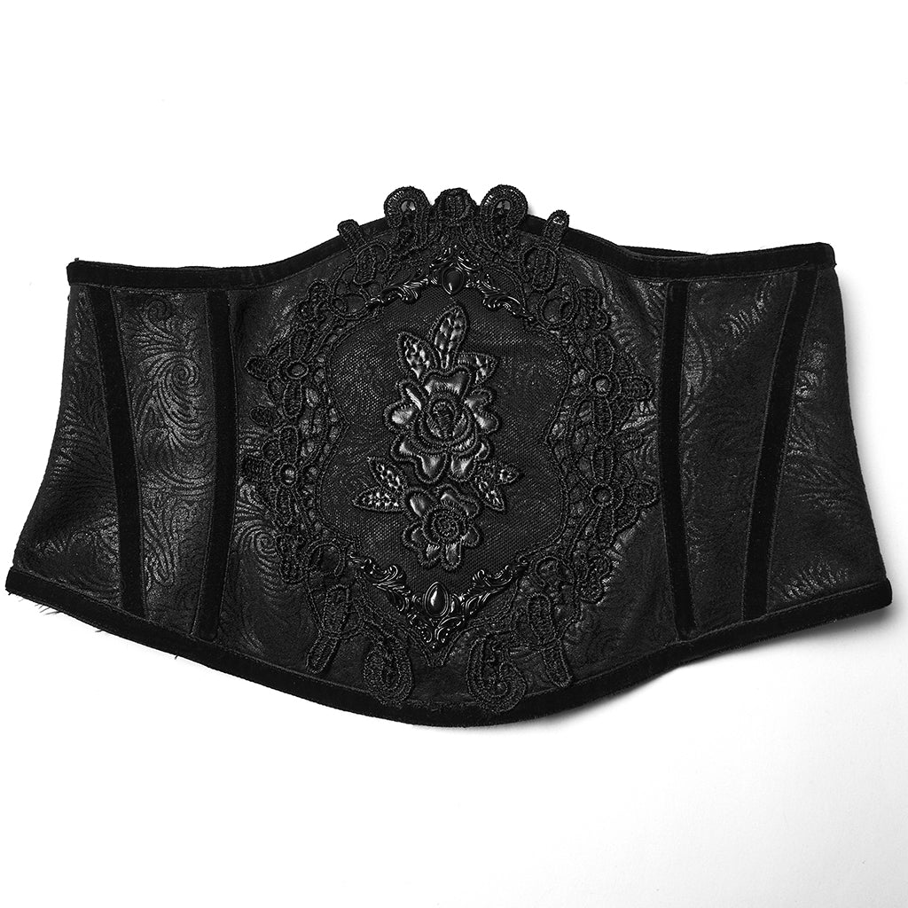 WS-776YDF Gothic Corset Lace Embroidered Velvet Maroon Waist Cincher Tie Back