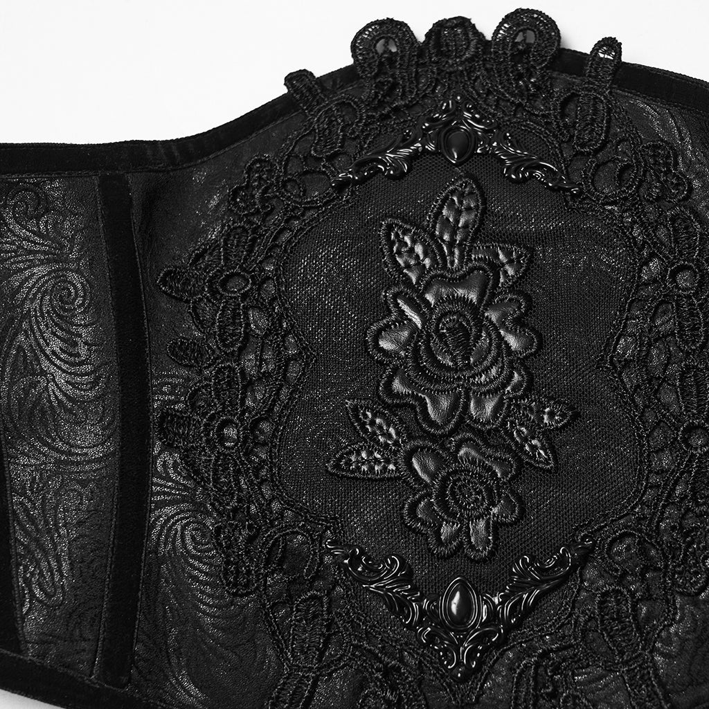 WS-776YDF Gothic Corset Lace Embroidered Velvet Maroon Waist Cincher Tie Back
