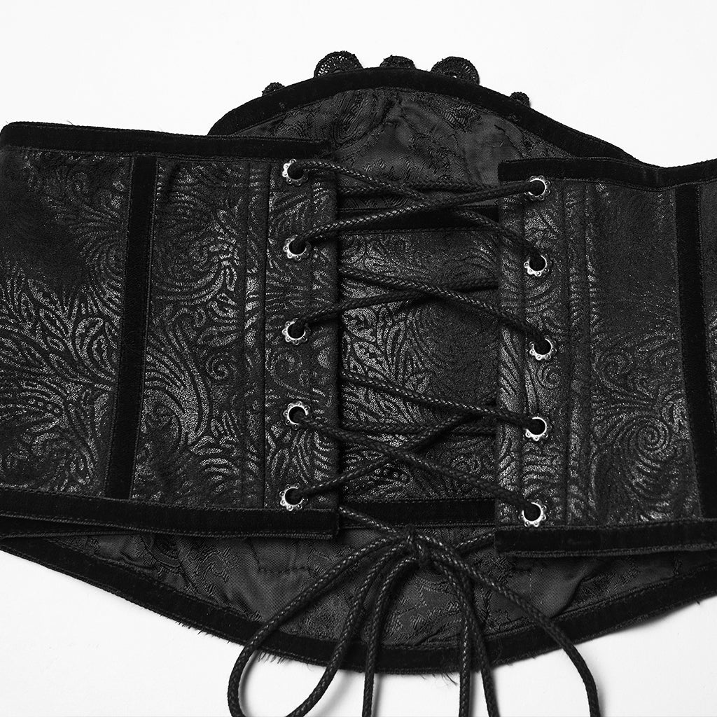 WS-776YDF Gothic Corset Lace Embroidered Velvet Maroon Waist Cincher Tie Back