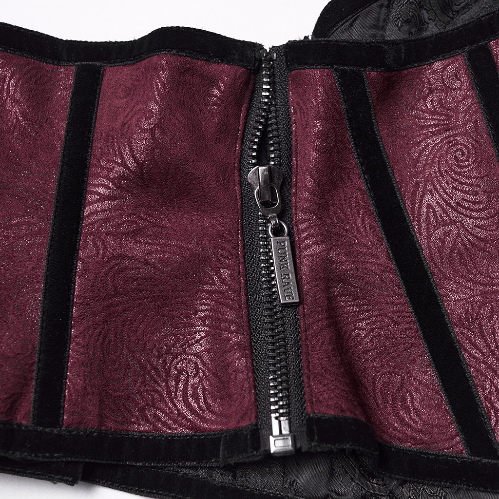 WS-776YDF Gothic Corset Lace Embroidered Velvet Maroon Waist Cincher Tie Back