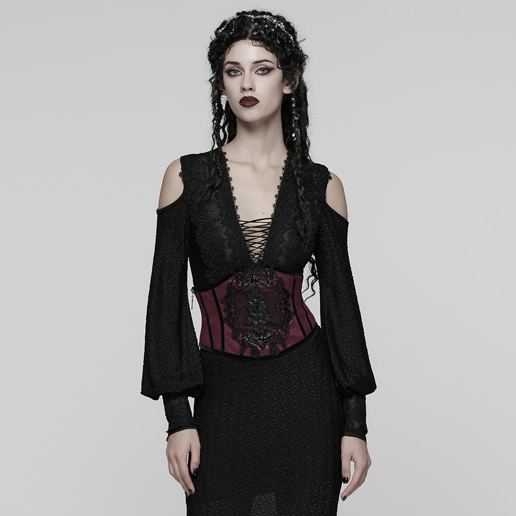 WS-776YDF Gothic Corset Lace Embroidered Velvet Maroon Waist Cincher Tie Back