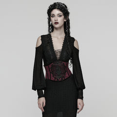 WS-776YDF Gothic Corset Lace Embroidered Velvet Maroon Waist Cincher Tie Back