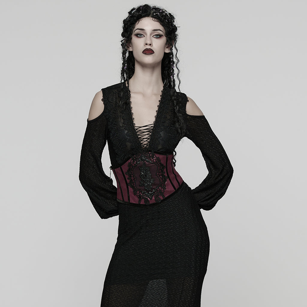 WS-776YDF Gothic Corset Lace Embroidered Velvet Maroon Waist Cincher Tie Back