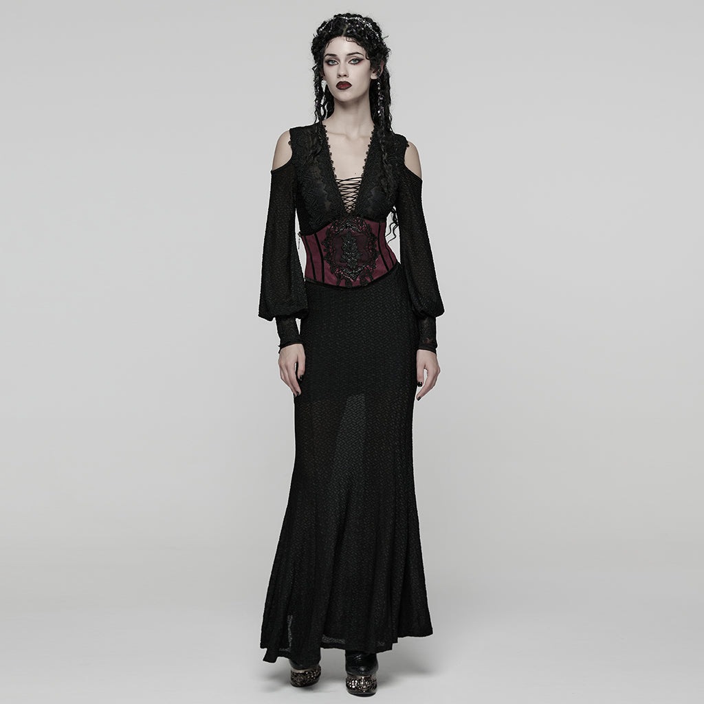 WS-776YDF Gothic Corset Lace Embroidered Velvet Maroon Waist Cincher Tie Back