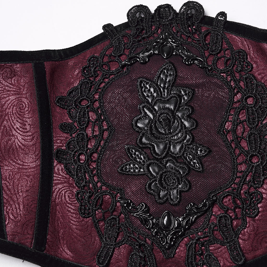 WS-776YDF Gothic Corset Lace Embroidered Velvet Maroon Waist Cincher Tie Back
