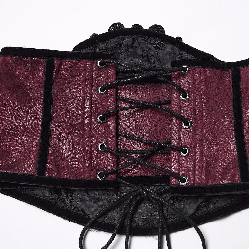 WS-776YDF Gothic Corset Lace Embroidered Velvet Maroon Waist Cincher Tie Back