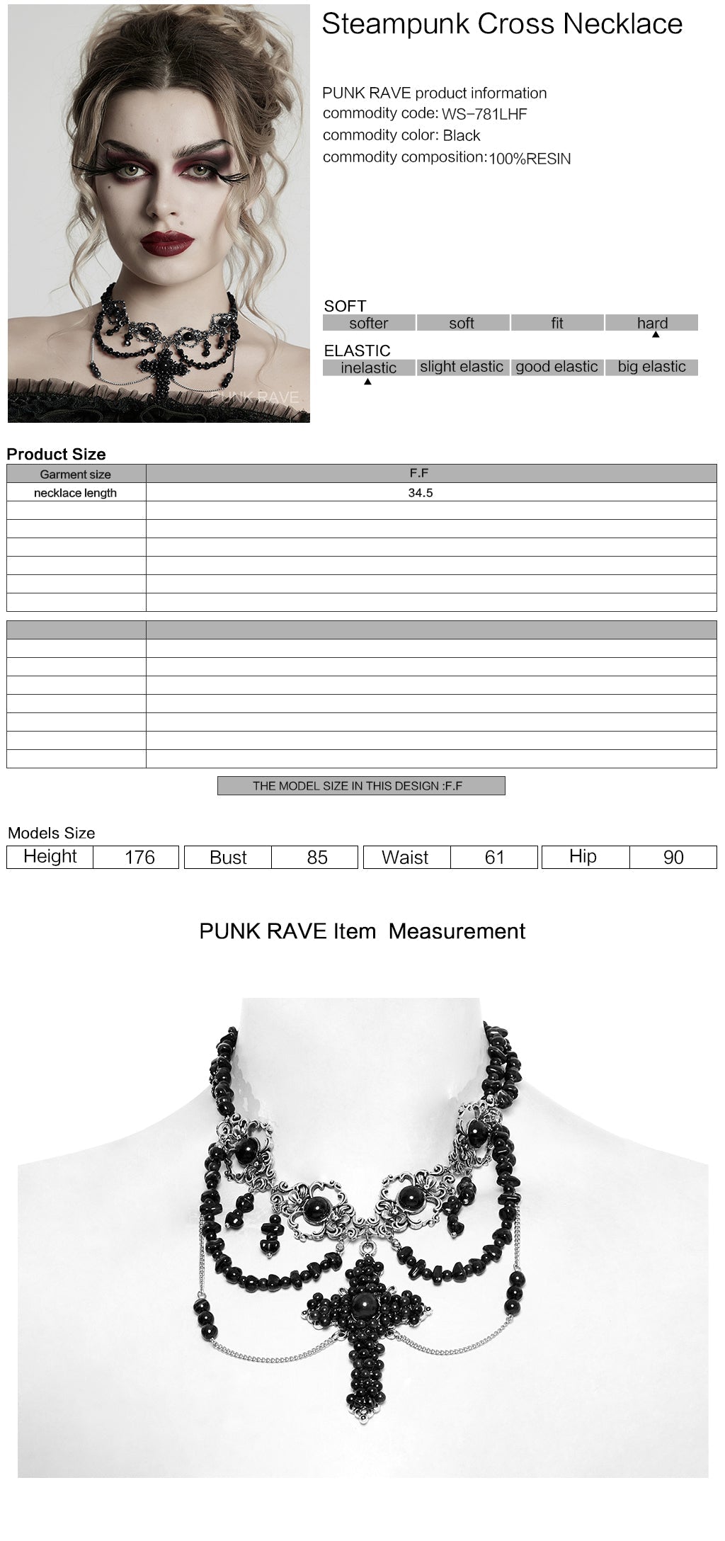 WS-781LHF Gothic Accessories Black Beaded Choker Necklace with Cross Pendant
