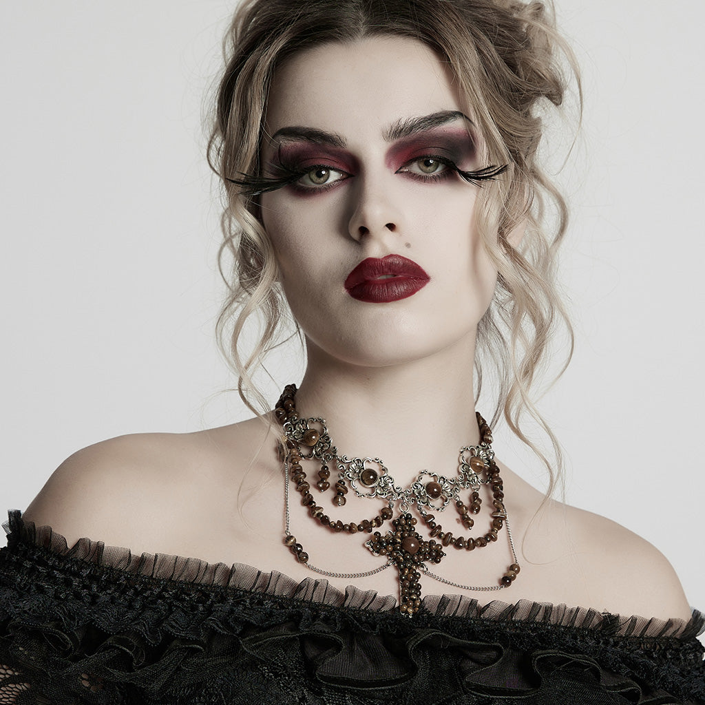 WS-781LHF Gothic Accessories Black Beaded Choker Necklace with Cross Pendant