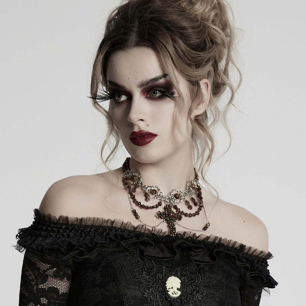 WS-781LHF Gothic Accessories Black Beaded Choker Necklace with Cross Pendant