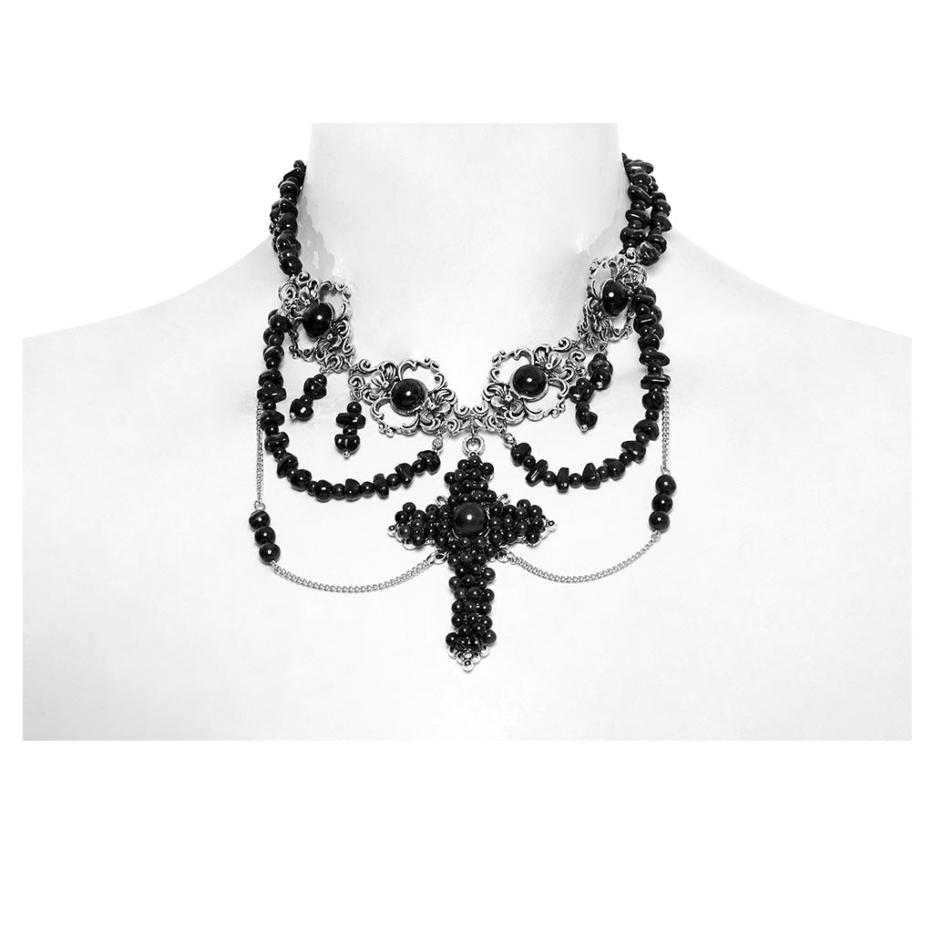 WS-781LHF Gothic Accessories Black Beaded Choker Necklace with Cross Pendant
