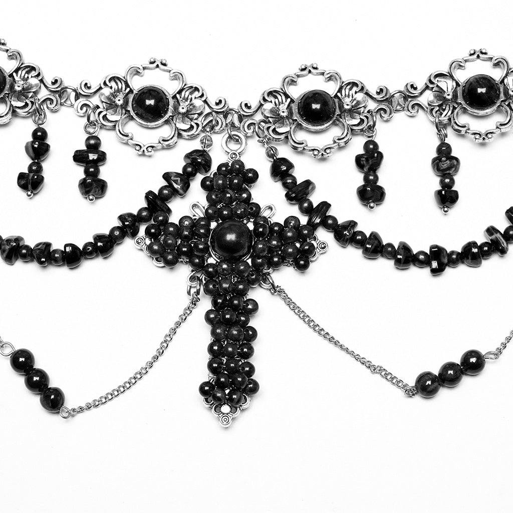 WS-781LHF Gothic Accessories Black Beaded Choker Necklace with Cross Pendant