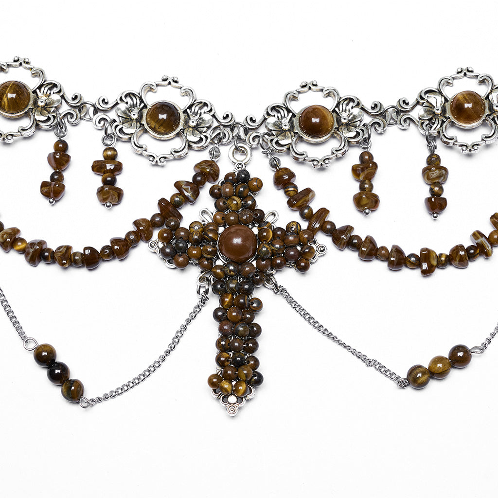 WS-781LHF Gothic Accessories Black Beaded Choker Necklace with Cross Pendant