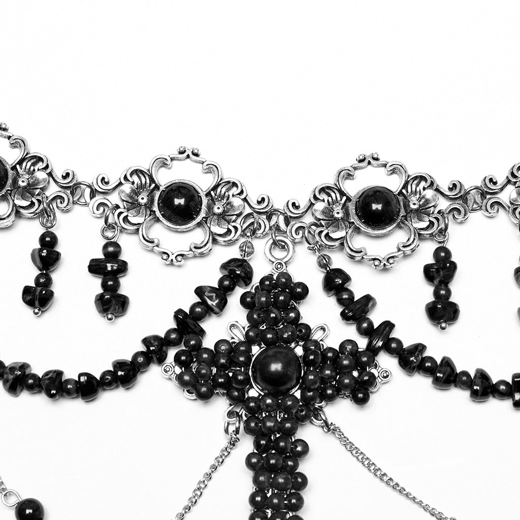 WS-781LHF Gothic Accessories Black Beaded Choker Necklace with Cross Pendant