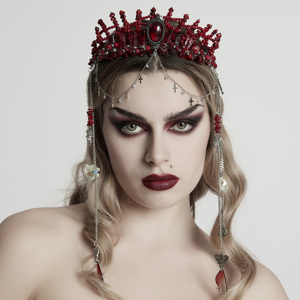 WS-784FSF Gothic Accessories: Elegant Black Crown with Chains and Jewel Headpiece Gothic Accessories Black Beaded Crown with Dramatic Choker Set