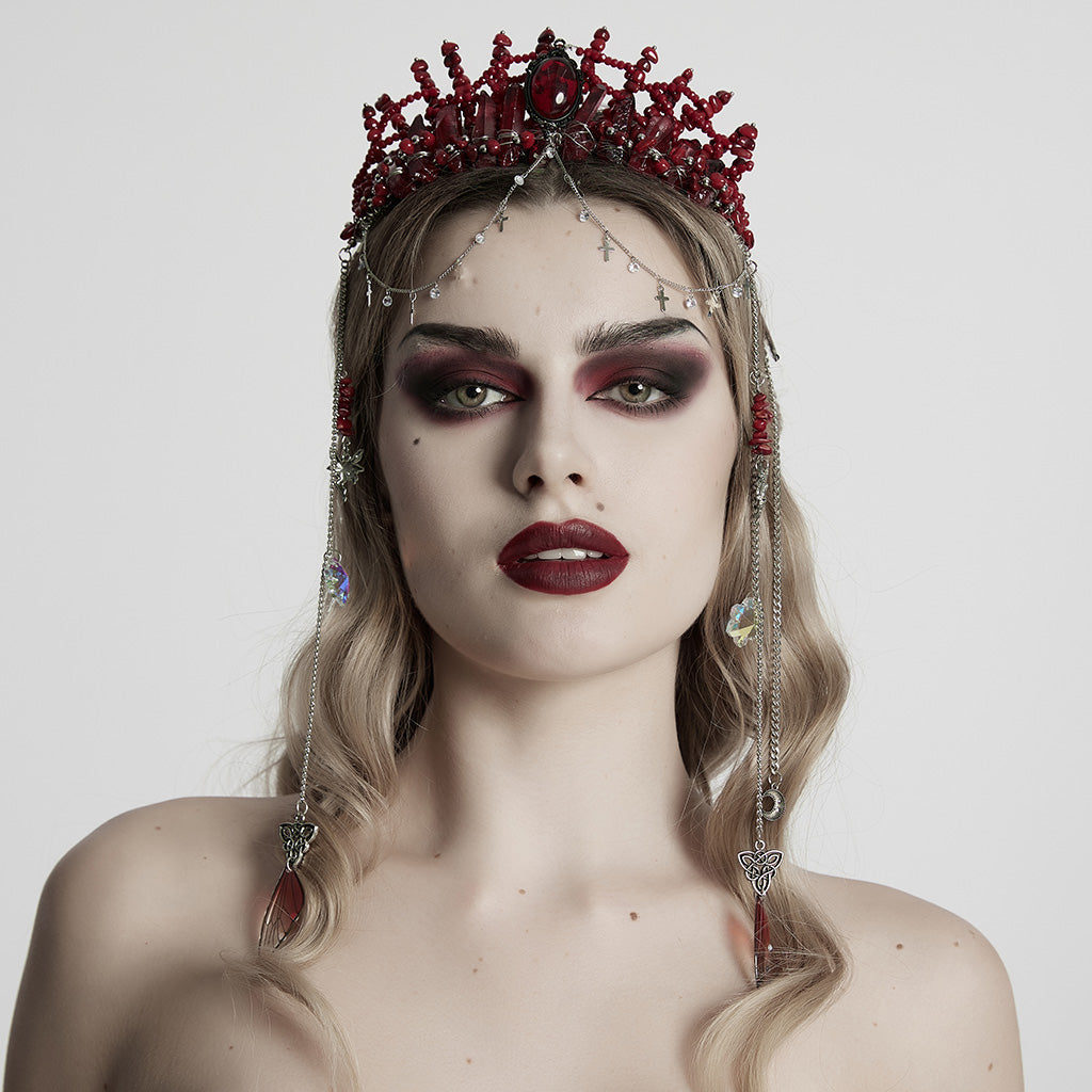 WS-784FSF Gothic Accessories: Elegant Black Crown with Chains and Jewel Headpiece Gothic Accessories Black Beaded Crown with Dramatic Choker Set
