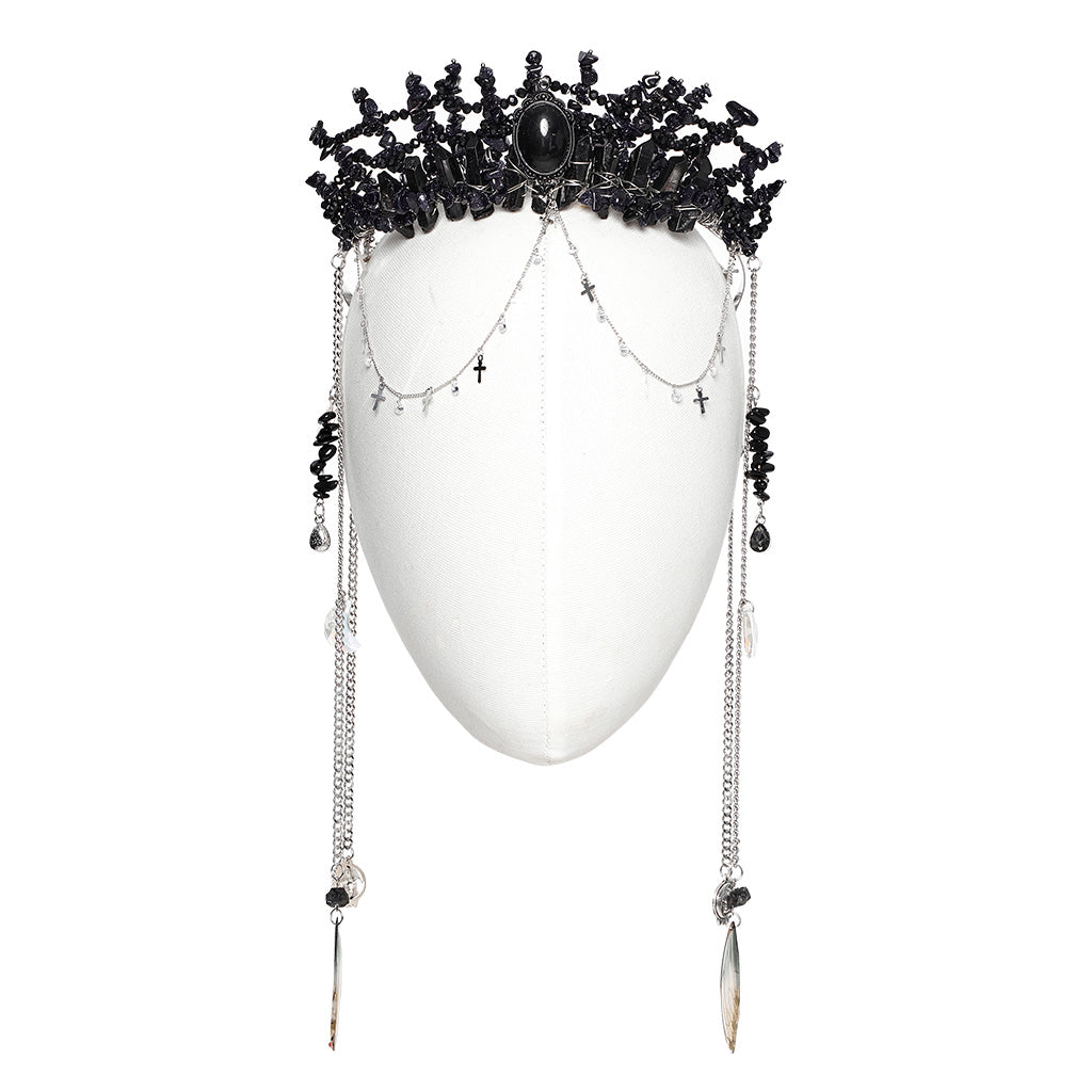 WS-784FSF Gothic Accessories: Elegant Black Crown with Chains and Jewel Headpiece Gothic Accessories Black Beaded Crown with Dramatic Choker Set