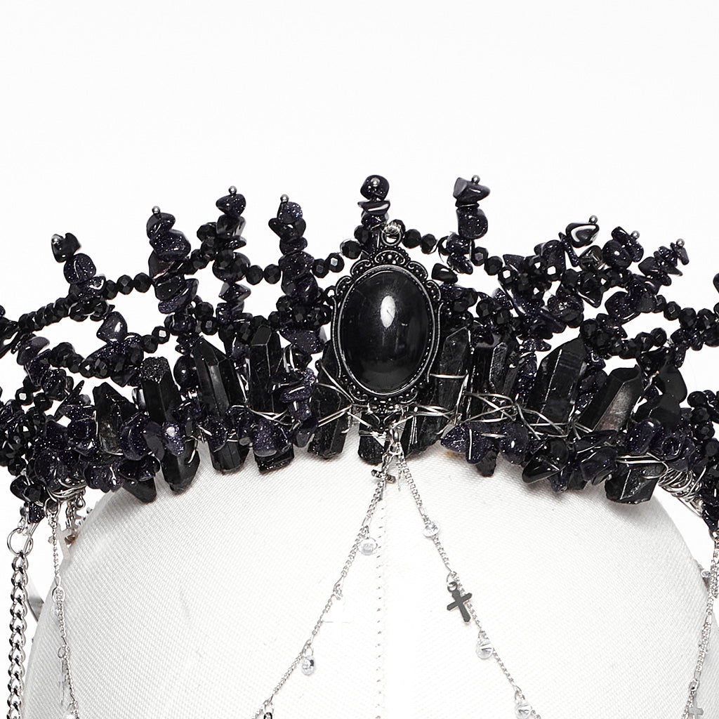 WS-784FSF Gothic Accessories: Elegant Black Crown with Chains and Jewel Headpiece Gothic Accessories Black Beaded Crown with Dramatic Choker Set