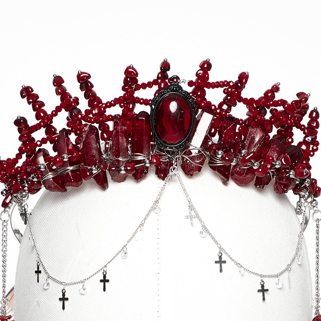 WS-784FSF Gothic Accessories: Elegant Black Crown with Chains and Jewel Headpiece Gothic Accessories Black Beaded Crown with Dramatic Choker Set