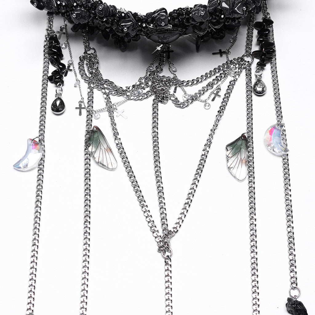 WS-784FSF Gothic Accessories: Elegant Black Crown with Chains and Jewel Headpiece Gothic Accessories Black Beaded Crown with Dramatic Choker Set