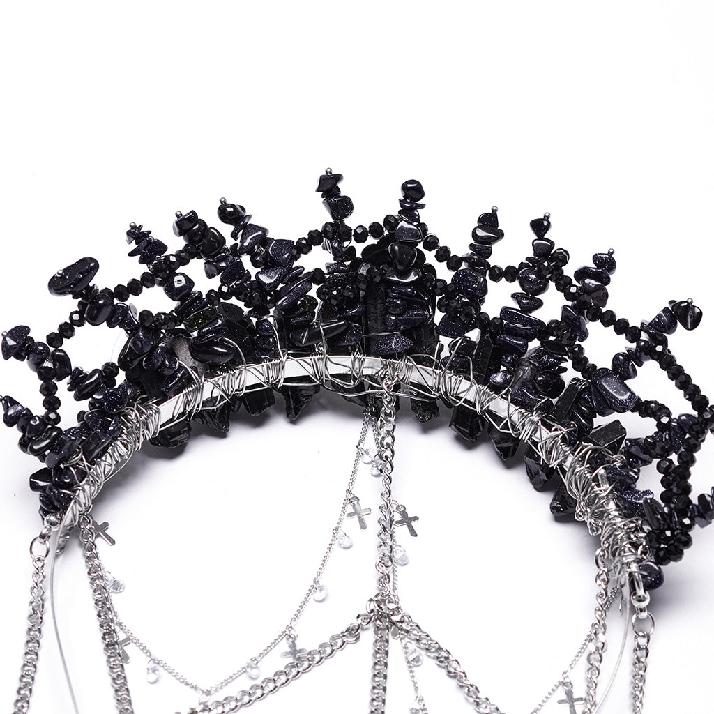 WS-784FSF Gothic Accessories: Elegant Black Crown with Chains and Jewel Headpiece Gothic Accessories Black Beaded Crown with Dramatic Choker Set