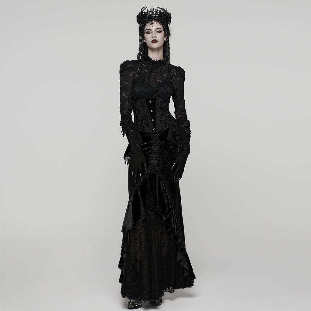 WS-790YDF Gothic Corset Black Floral Lace Up Waist Cincher