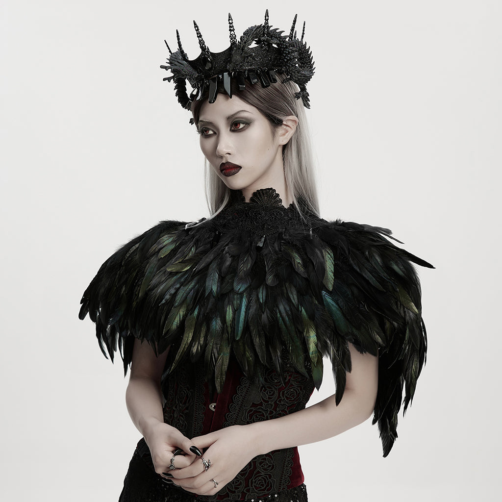 WS-807QTF Gothic Accessories Feathered Black Capelet Collar Choker Shoulder Cover