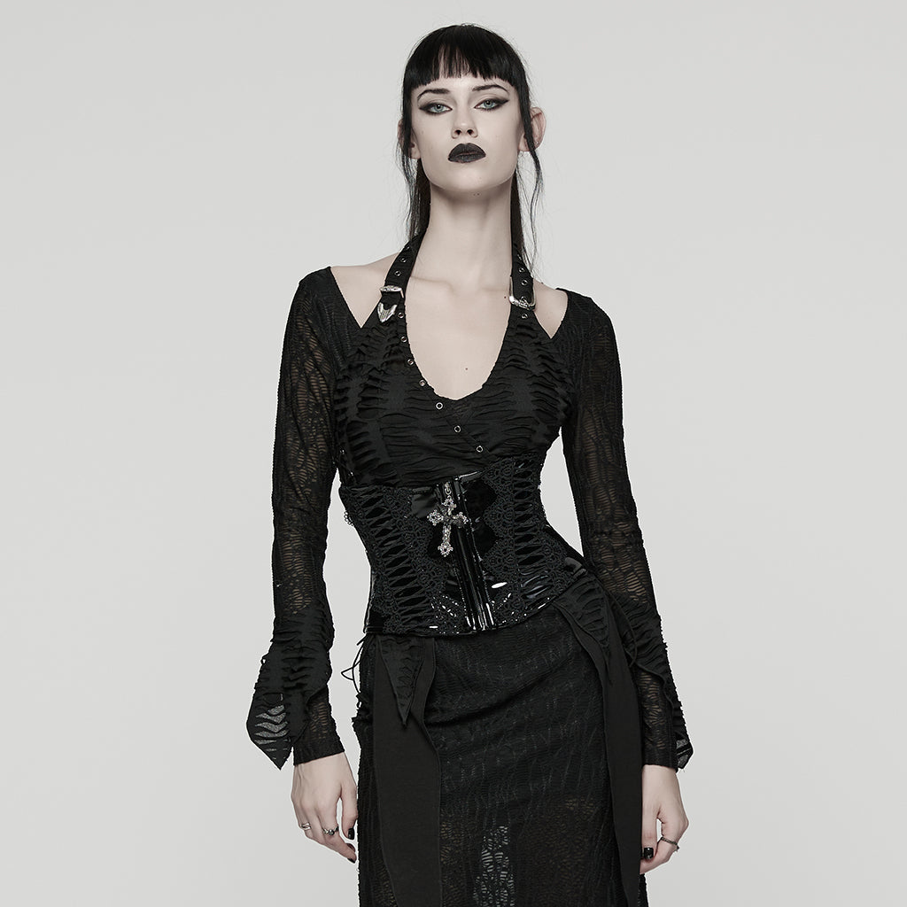 WS-815YDF Gothic Corset Black Lace-Up Patent Leather Waist Cincher