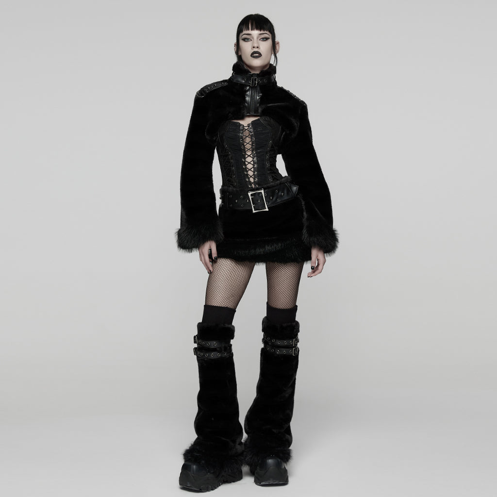 WS-826JTF Punk Accessories Black Furry Leg Warmers with Buckle Straps