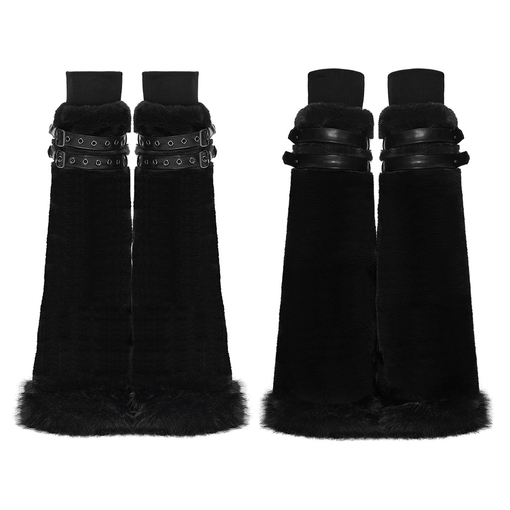 WS-826JTF Punk Accessories Black Furry Leg Warmers with Buckle Straps