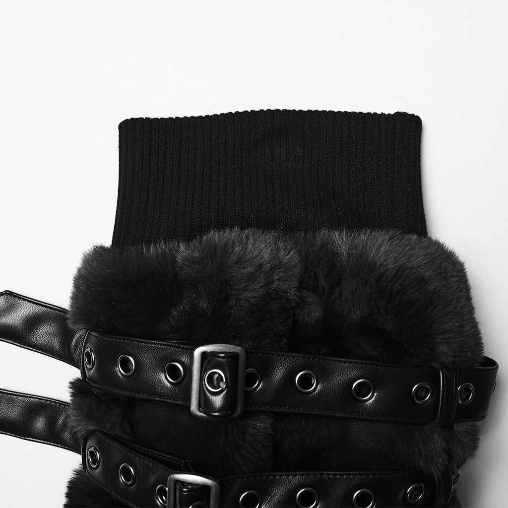 WS-826JTF Punk Accessories Black Furry Leg Warmers with Buckle Straps