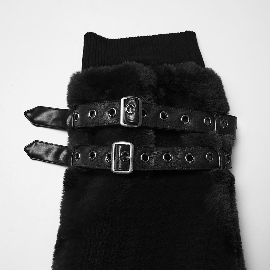 WS-826JTF Punk Accessories Black Furry Leg Warmers with Buckle Straps